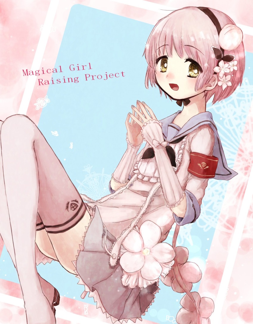 10s, 1girl, female_focus, fingers_together, flower, hair_flower, hair_ornament, headband, highres, mahou_shoujo_ikusei_keikaku, md5_mismatch, pink_hair, resized, short_hair, smile, snow_white_(mahoiku), solo, taega_chima, yellow_eyes