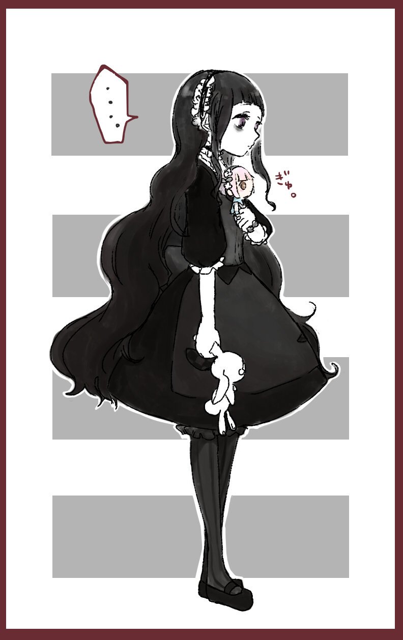 ..., 10s, 1girl, bags_under_eyes, black_eyes, black_hair, bloomers, dress, female_focus, hardgore_alice, highres, hugging_doll, hugging_object, long_hair, mahou_shoujo_ikusei_keikaku, mahou_shoujo_ikusei_keikaku_unmarked, mary_janes, md5_mismatch, pantyhose, shoes, snow_white_(mahoiku), solo, standing, striped_clothes, striped_pantyhose, stuffed_animal, stuffed_rabbit, stuffed_toy, taega_chima, underwear, vertical-striped_clothes, vertical-striped_pantyhose