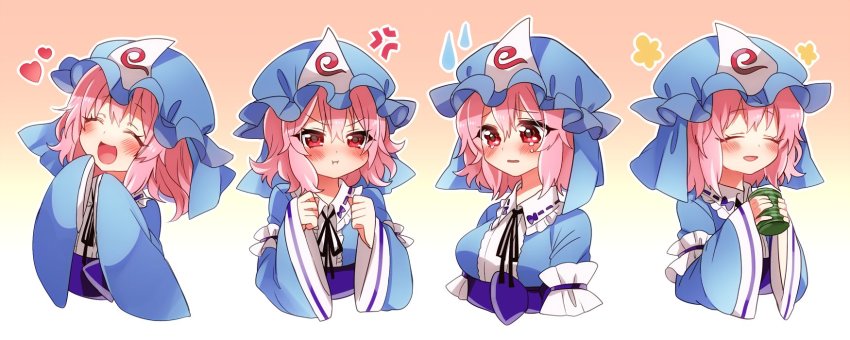 >:i, 1girl, :i, ^_^, anger_vein, angry, arm_garter, blue_kimono