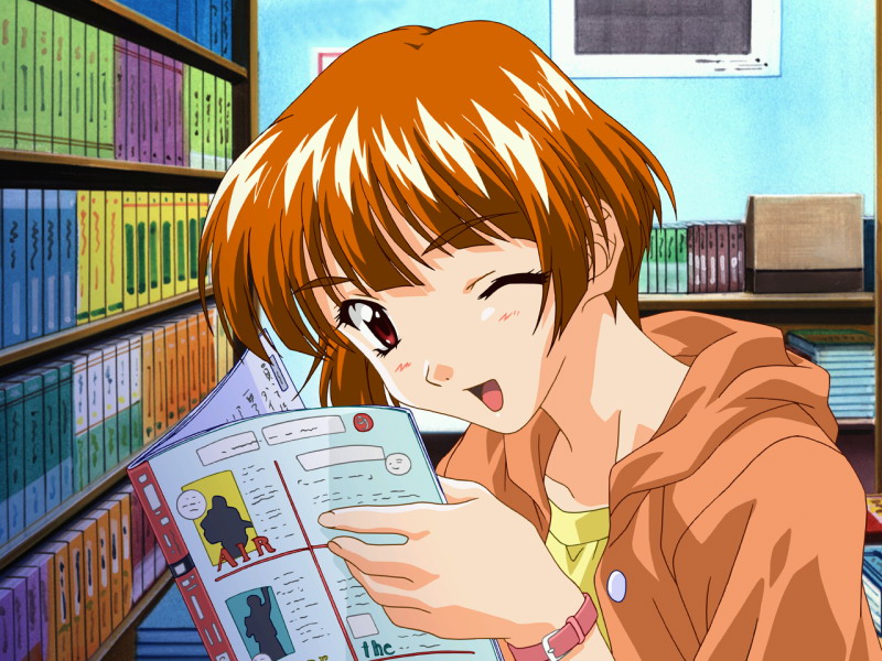 1990s_(style), 1girl, book, brown_hair, female_focus, hood, hoodie, hoshino_asuka