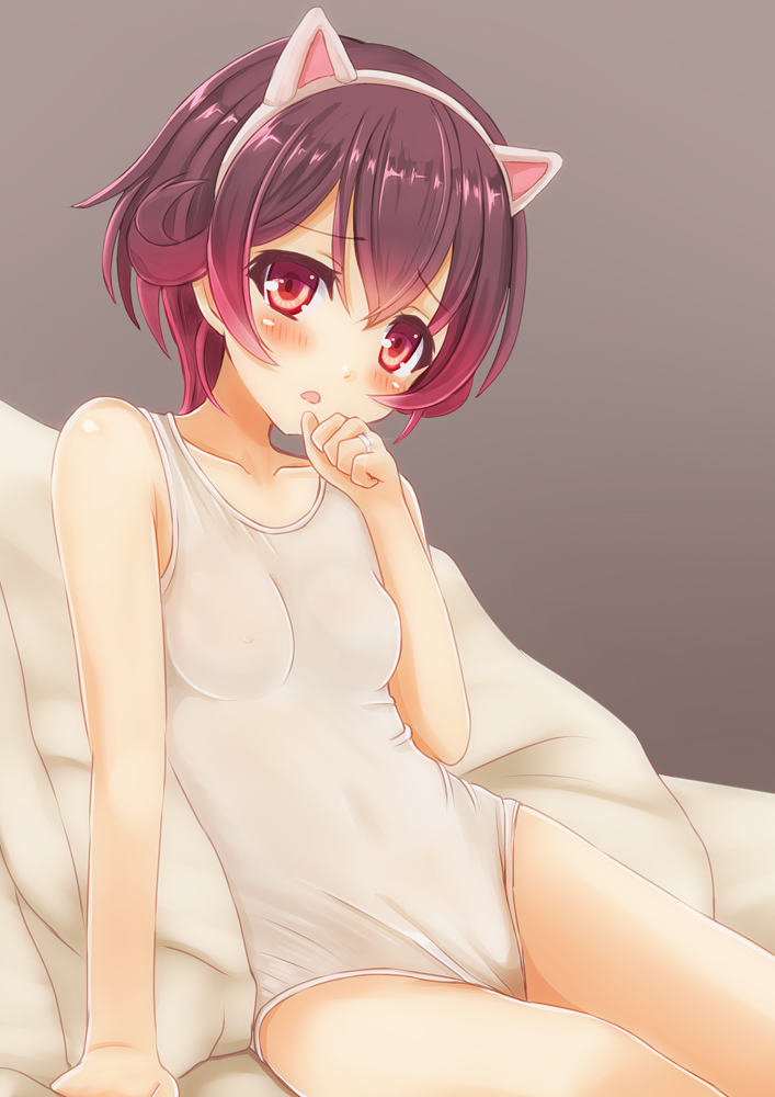 10s, 1girl, animal_ears, arm_support, blush, brown_hair, cat_ears, fake_animal_ears