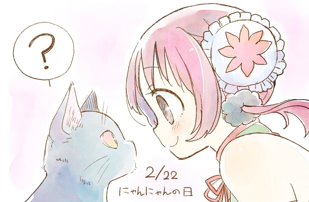 10s, 1girl, @nyannyan, animal, cat, double_bun, eye_contact, female_focus