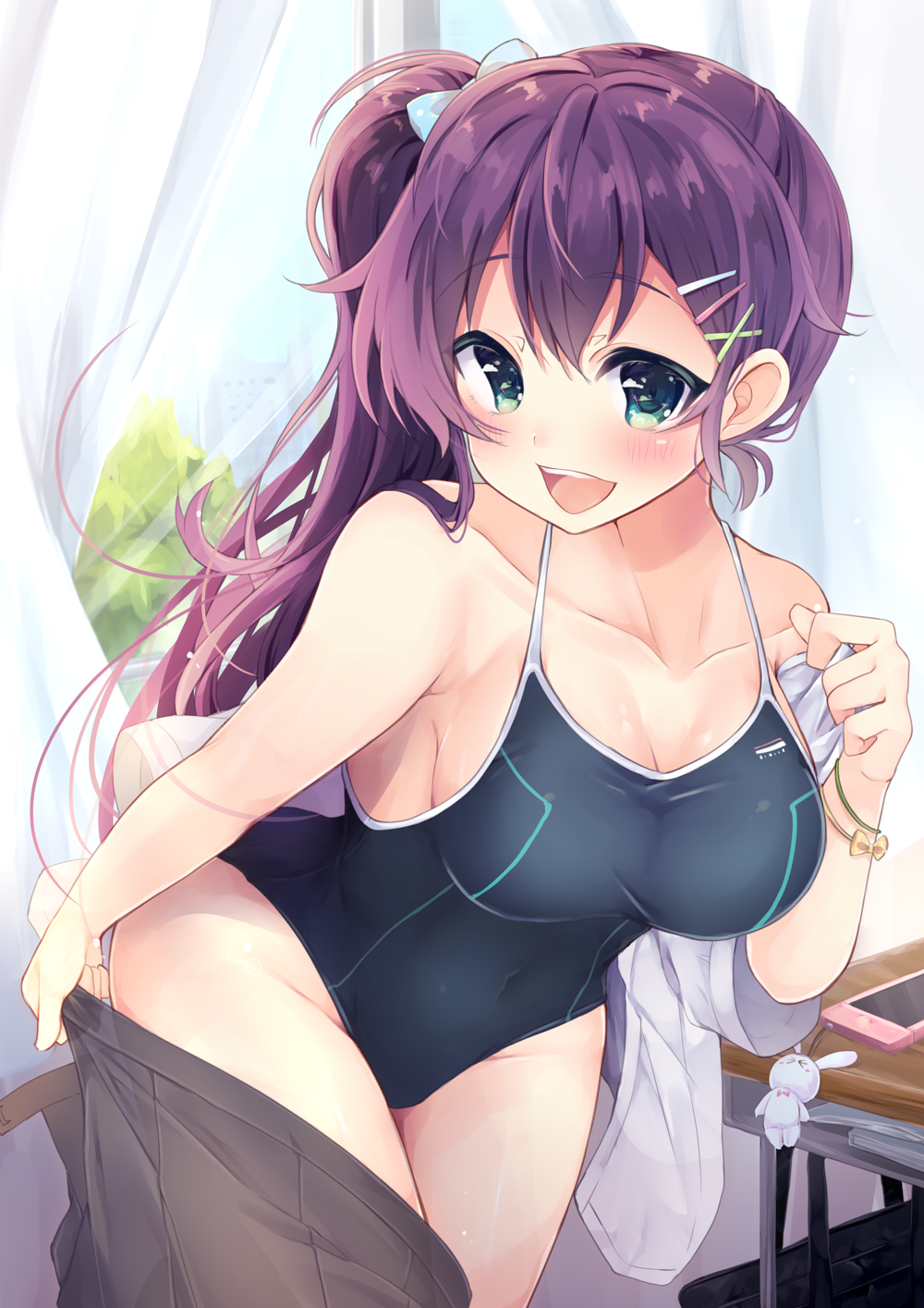 1girl, :d, bare_arms, bare_shoulders, black_one-piece_swimsuit, blue_bow, blush, bow