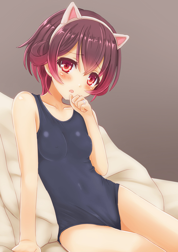 10s, 1girl, animal_ears, arm_support, blue_one-piece_swimsuit, blush, brown_hair, cat_ears