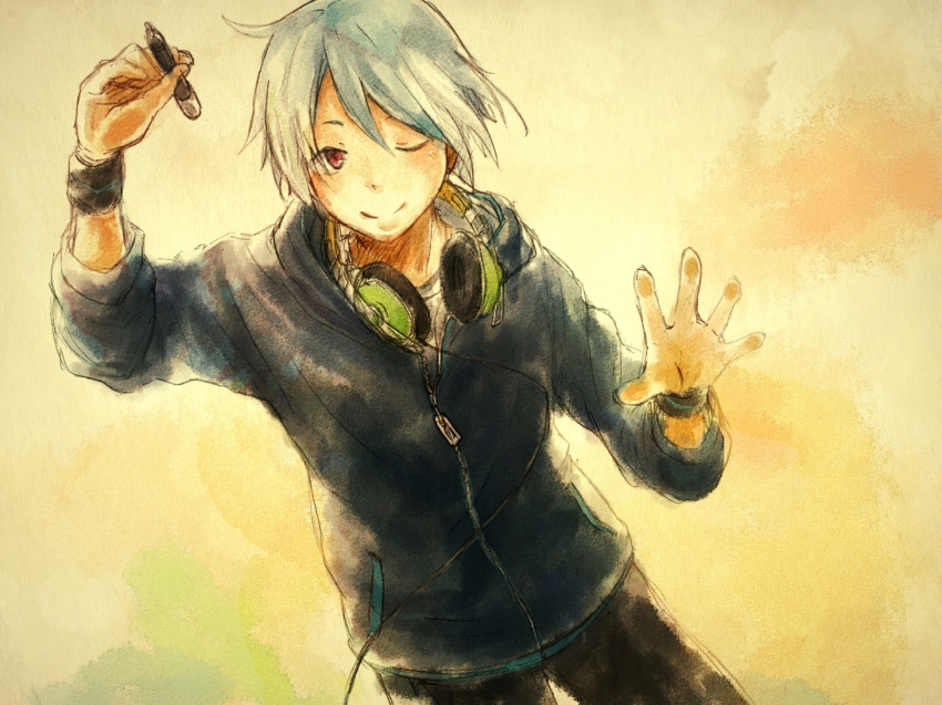 1boy, ;), blue_hair, headphones, headphones_around_neck, holding, hood, hoodie, male_focus, matatabilemon, matsuda_poiyo, multicolored_hair, one_eye_closed, painting_(medium), pen, pocket, red_eyes, smile, solo, sweatband, traditional_media, utau, watercolor_(medium), wristband, zipper, zipper_pull_tab