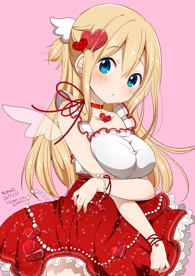 1girl, 2017, amatsuka_poi, bare_shoulders, blonde_hair, blue_eyes, bracelet, breasts