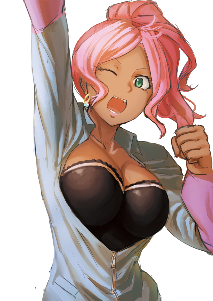 1girl, abigail_martinez, active_raid, aqua_eyes, bodysuit, breasts, cleavage, dark-skinned_female, dark_skin, earrings, female_focus, jewelry, lips, lipstick, long_hair, makeup, one_eye_closed, open_mouth, pink_hair, ponytail, solo, white_background, wink