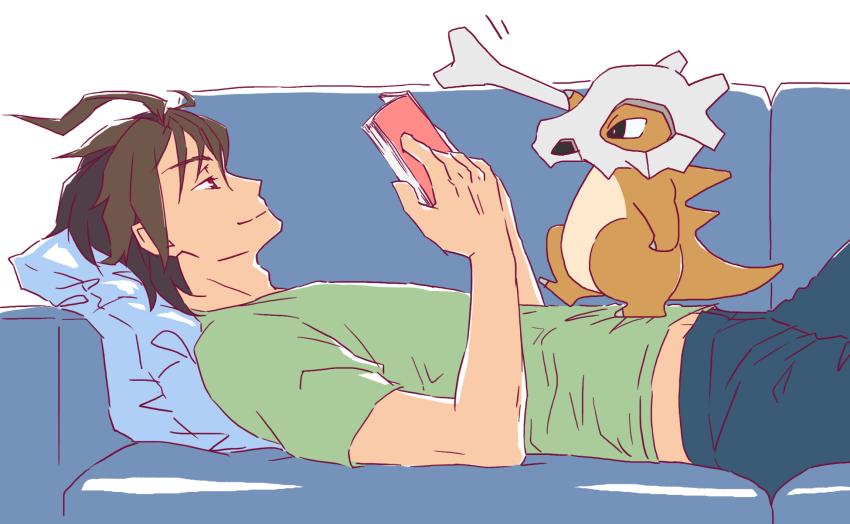 1boy, active_raid, ahoge, bone, brown_hair, crossover, cubone, gen_1_pokemon