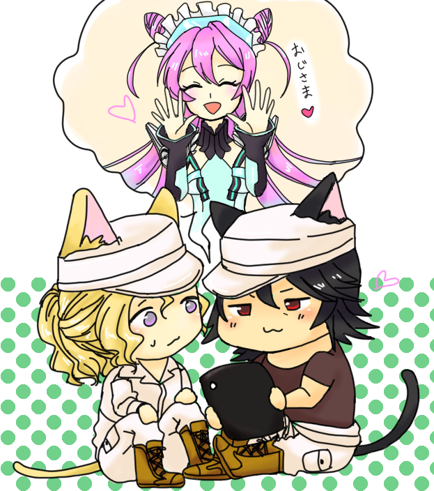 1girl, 2boys, active_raid, animal_ears, black_hair, blonde_hair, blush, boots