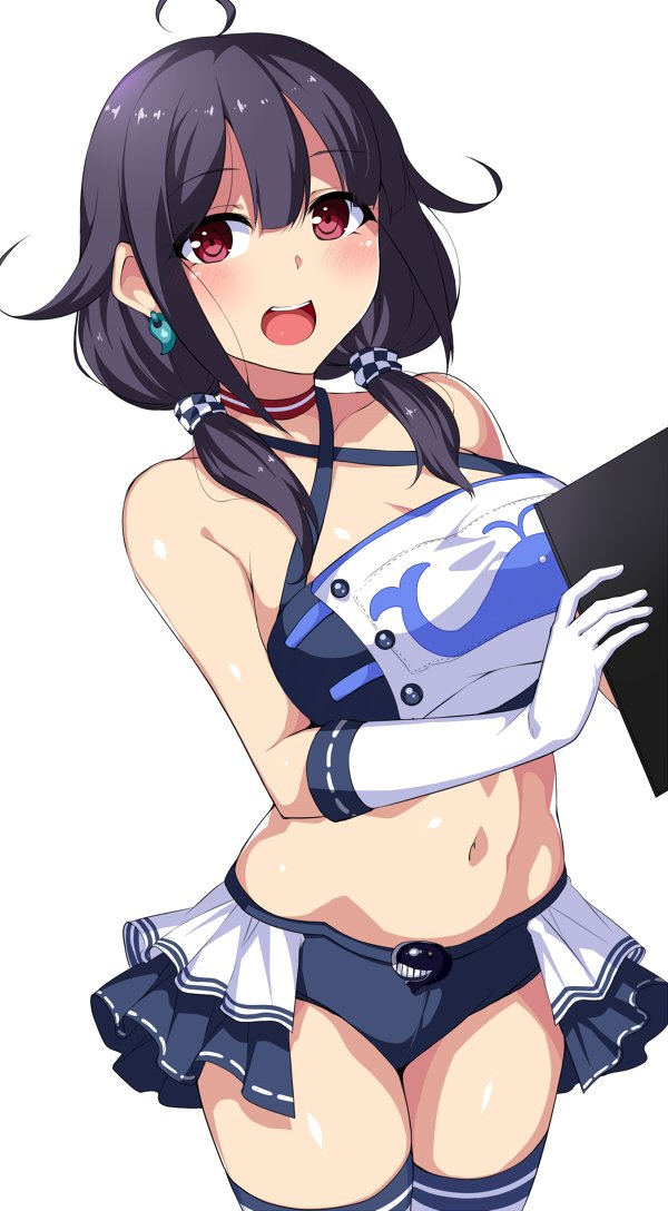 10s, 1girl, adapted_costume, ahoge, animal_print, bad_id, bad_twitter_id, blush