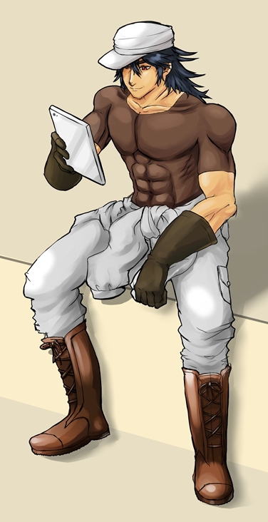 1boy, abs, active_raid, black_hair, boots, gloves, hat, kyoukai-sama, long_hair, muscular, pants, red_eyes, smile