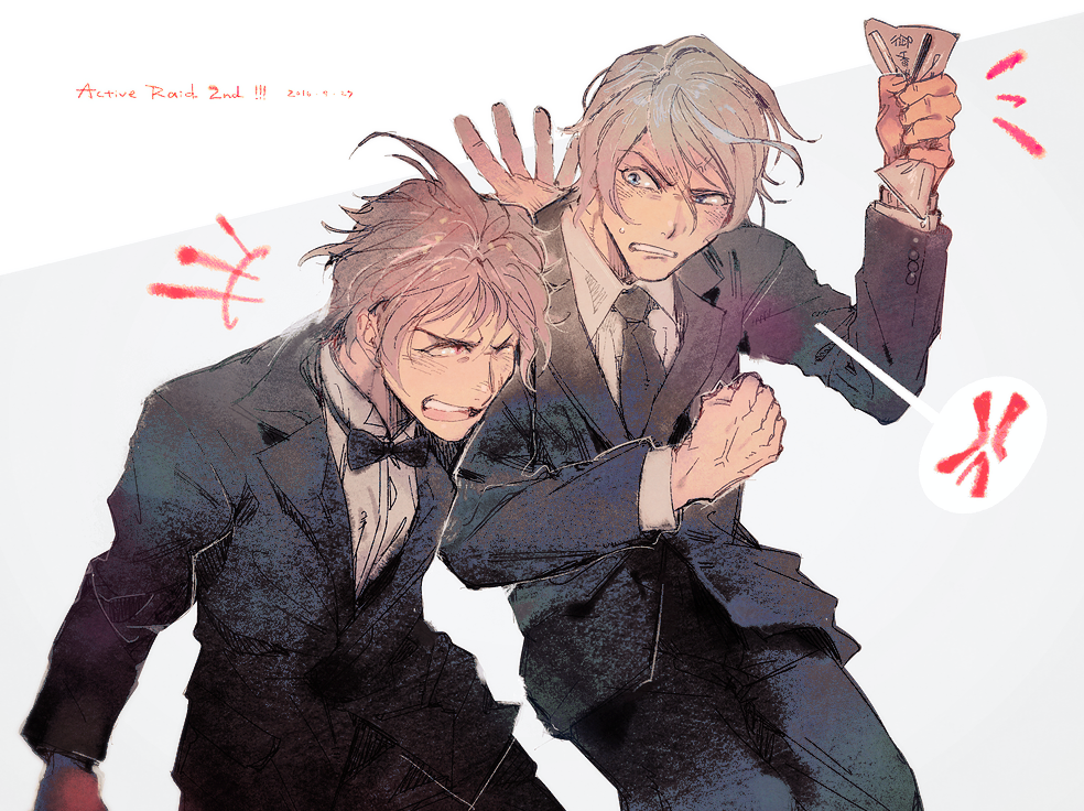 2boys, active_raid, anger_vein, blue_eyes, blush, bowtie, brown_hair, grey_hair