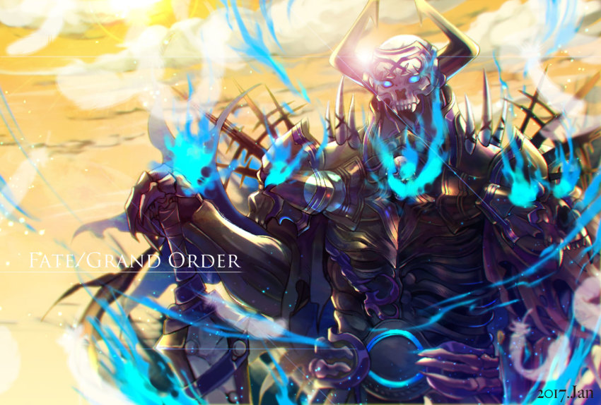 1boy, armor, azrael_(sword)_(fate), fate/grand_order, fate_(series), fire, glowing, glowing_eyes, helmet, highres, horns, king_hassan_(fate), light_rays, looking_at_viewer, male_focus, mask, peperi, simple_background, skull, skull_mask, solo, sword, weapon