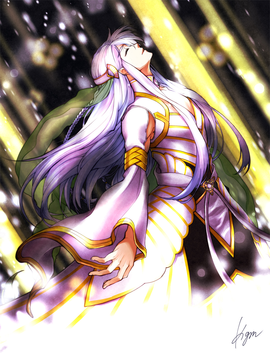 10s, 1boy, artist_name, balder_hringhorni, braid, dress, closed_eyes, highres, kagamilium, kamigami_no_asobi, long_hair, male_focus, open_mouth, solo, very_long_hair, white_dress, white_hair