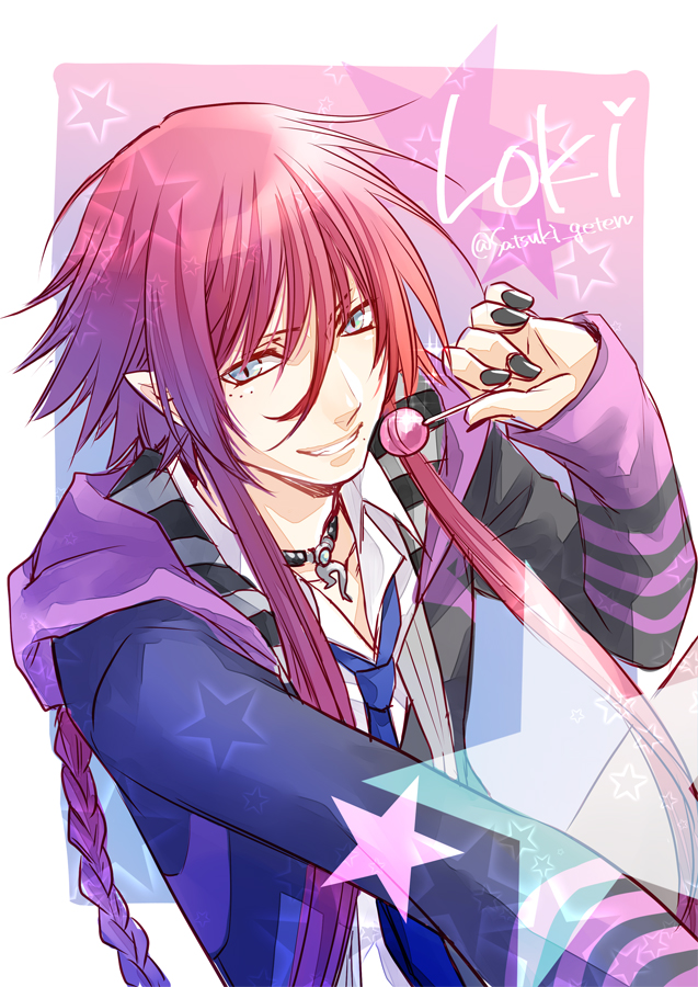 10s, 1boy, artist_name, blue_eyes, braid, character_name, facial_mark, food, hood, hoodie, jewelry, kamigami_no_asobi, loki_laevatein, long_hair, male_focus, nail_polish, necklace, necktie, pointy_ears, popsicle, red_hair, satsuki_yuu_(awairo), solo, sparkle, star_(symbol), teeth, upper_body