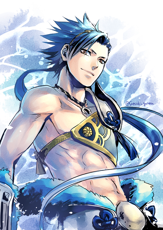 10s, 1boy, abs, artist_name, blue_hair, fur_trim, kamigami_no_asobi, long_hair, male_focus, orange_eyes, satsuki_yuu_(awairo), topless_male, solo, tiara, totsuka_takeru, upper_body, water