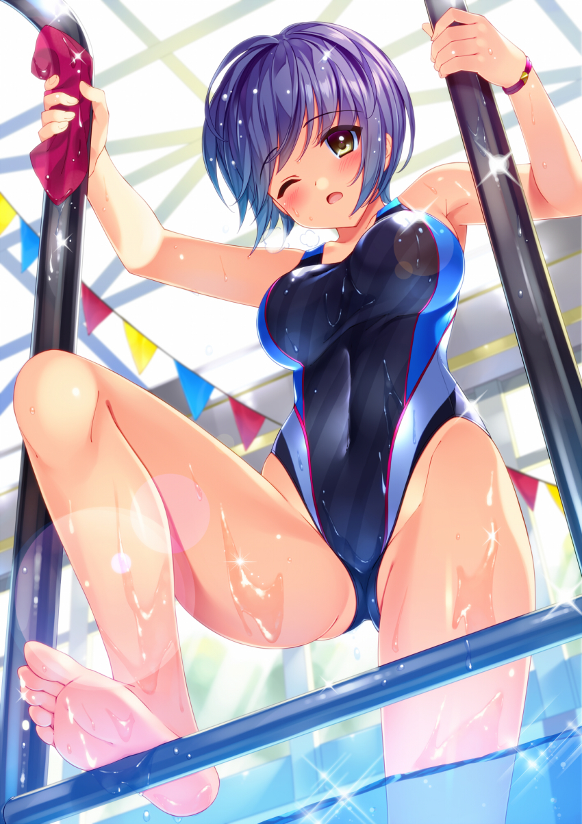 1girl, ;o, aomi-chan_(bucchake), armpits, bare_arms, bare_legs, bare_shoulders, barefoot