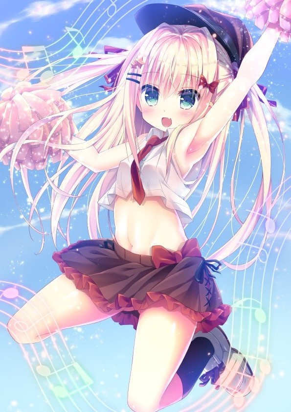 1girl, :d, arm_up, armpits, beamed_quavers, beamed_semiquavers, black_skirt, black_socks, blonde_hair, blue_sky, blush, breasts, cheerleader, crop_top, crop_top_overhang, crotchet, day, fang, female_focus, frills, green_eyes, hair_between_eyes, hair_ornament, hair_ribbon, hairclip, hat, holding, kneehighs, long_hair, looking_at_viewer, midriff, minim, musical_note, navel, newsboy_cap, open_mouth, original, outdoors, pom_pom_(cheerleading), quaver, ribbon, shoes, sidelocks, skirt, sky, small_breasts, smile, sneakers, socks, solo, star_(symbol), star_hair_ornament, top_of_moe_2017, two_side_up, yodosu915