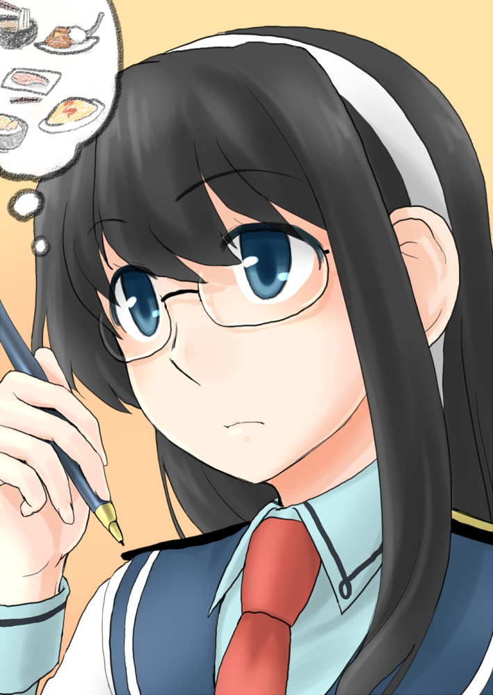 10s, 1girl, black_hair, blue_eyes, close-up, female_focus, food, glasses