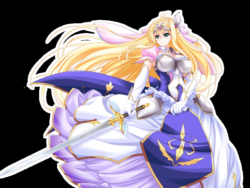 1girl, armor, armored_dress, blonde_hair, breasts, cleavage, detached_collar, dress