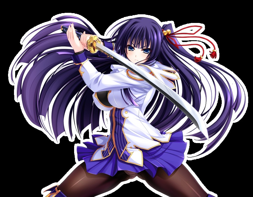 1girl, amasaka_takashi, bell, breasts, detached_sleeves, female_focus, fighting_stance, game_cg