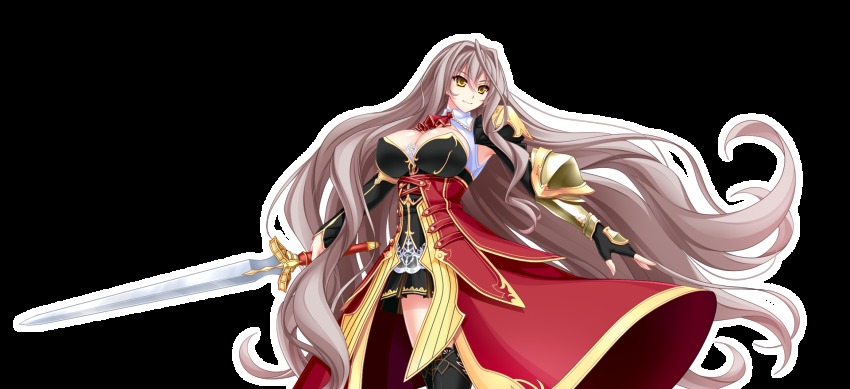 1girl, arcelias_pendragon, breasts, brown_hair, cleavage, elbow_gloves, female_focus, fingerless_gloves, game_cg, gloves, highres, holding, holding_weapon, large_breasts, long_hair, looking_away, overskirt, pleated_skirt, sennri_sabanegi, skirt, smile, solo, sword, thighhighs, transparent_background, unionism_quartet, very_long_hair, weapon, yellow_eyes, zettai_ryouiki