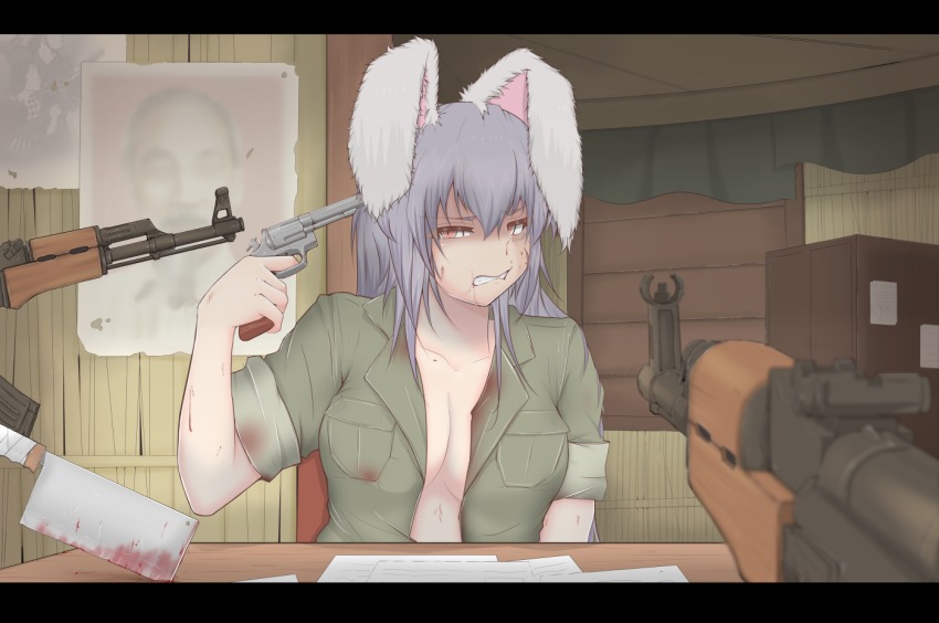 1girl, ak-47, alex_mason, alternate_costume, animal_ears, assault_rifle, blood, blood_stain, blue_hair, breast_pocket, breasts, butcher_knife, call_of_duty, call_of_duty:_black_ops, center_opening, cleavage, cleaver, clenched_teeth, commentary_request, cube85, finger_on_trigger, gun, gun_to_head, handgun, ho_chi_minh, holding, holding_gun, holding_weapon, kalashnikov_rifle, large_breasts, letterboxed, long_hair, looking_at_viewer, michael_vronsky, military, military_uniform, open_clothes, open_shirt, orange_eyes, parody, parted_lips, pocket, pointing, pointing_at_self, poster_(object), prisoner, rabbit_ears, reisen_udongein_inaba, revolver, rifle, russian_roulette, scowl, shaded_face, shirt, suicide, table, teeth, the_deer_hunter, the_deer_hunter_(movie), touhou, upper_body, weapon