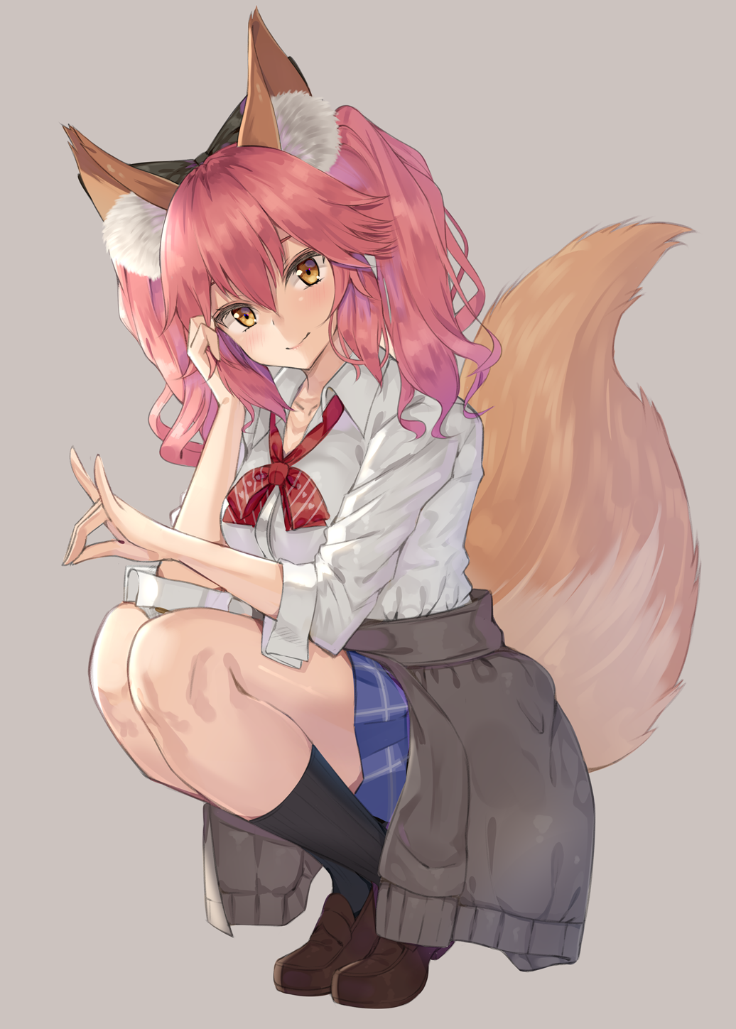 10s, 1girl, animal_ear_fluff, animal_ears, black_socks, bow, bowtie, brown_shoes, cosplay, fate/extella, fate/extra, fate_(series), female_focus, fox_ears, fox_shadow_puppet, fox_tail, full_body, highres, jougasaki_mika_(cosplay), kanikou, kneehighs, loafers, long_hair, looking_at_viewer, official_alternate_costume, pink_hair, red_bow, red_bowtie, shirt, shoes, smile, socks, solo, squatting, sweater, tail, tamamo_jk_(fate), tamamo_no_mae_(fate), tiptoes, white_shirt, yellow_eyes