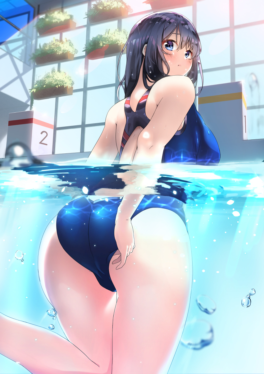 1girl, :t, absurdres, adjusting_clothes, adjusting_swimsuit, air_bubble, ass, back_cutout