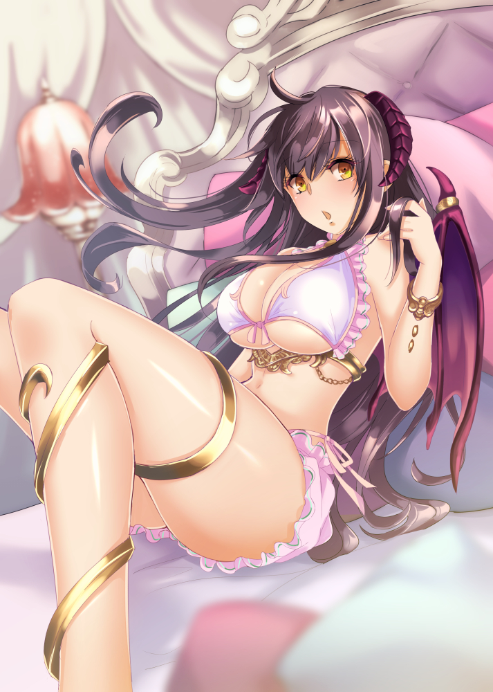 1girl, bad_id, bad_pixiv_id, bangle, black_hair, bloomers, blurry, bra, bracelet, breasts, cleavage, demon_girl, demon_horns, demon_wings, depth_of_field, female_focus, horns, jewelry, large_breasts, legs, lirshana, long_hair, long_legs, looking_at_viewer, maou_no_hajimekata, official_art, shintou, solo, thighs, underwear, underwear_only, wings