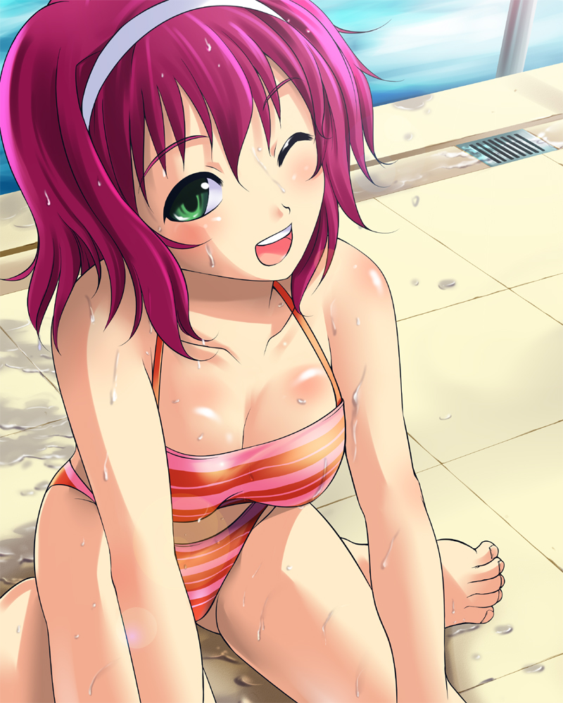 1girl, bare_legs, bare_shoulders, bikini, breasts, cleavage, digdug006, drain_(object)