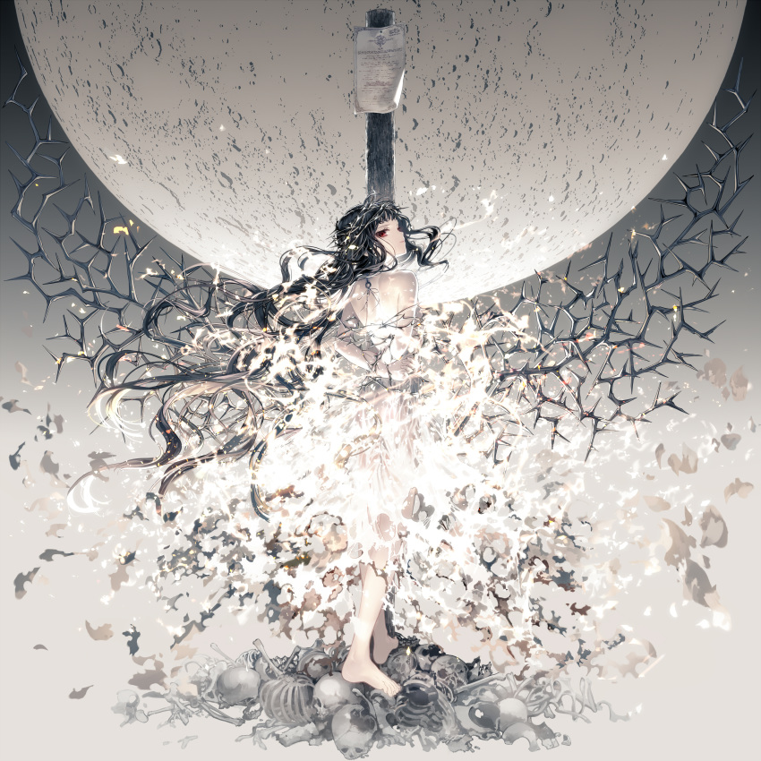 1girl, absurdres, arms_behind_back, back, black_hair, crater, female_focus, highres, isekai_goumonhime, long_hair, looking_at_viewer, looking_back, messy_hair, moon, plant, post, red_eyes, ribs, skeleton, skull, solo, torn_clothes, ukai_saki, vines