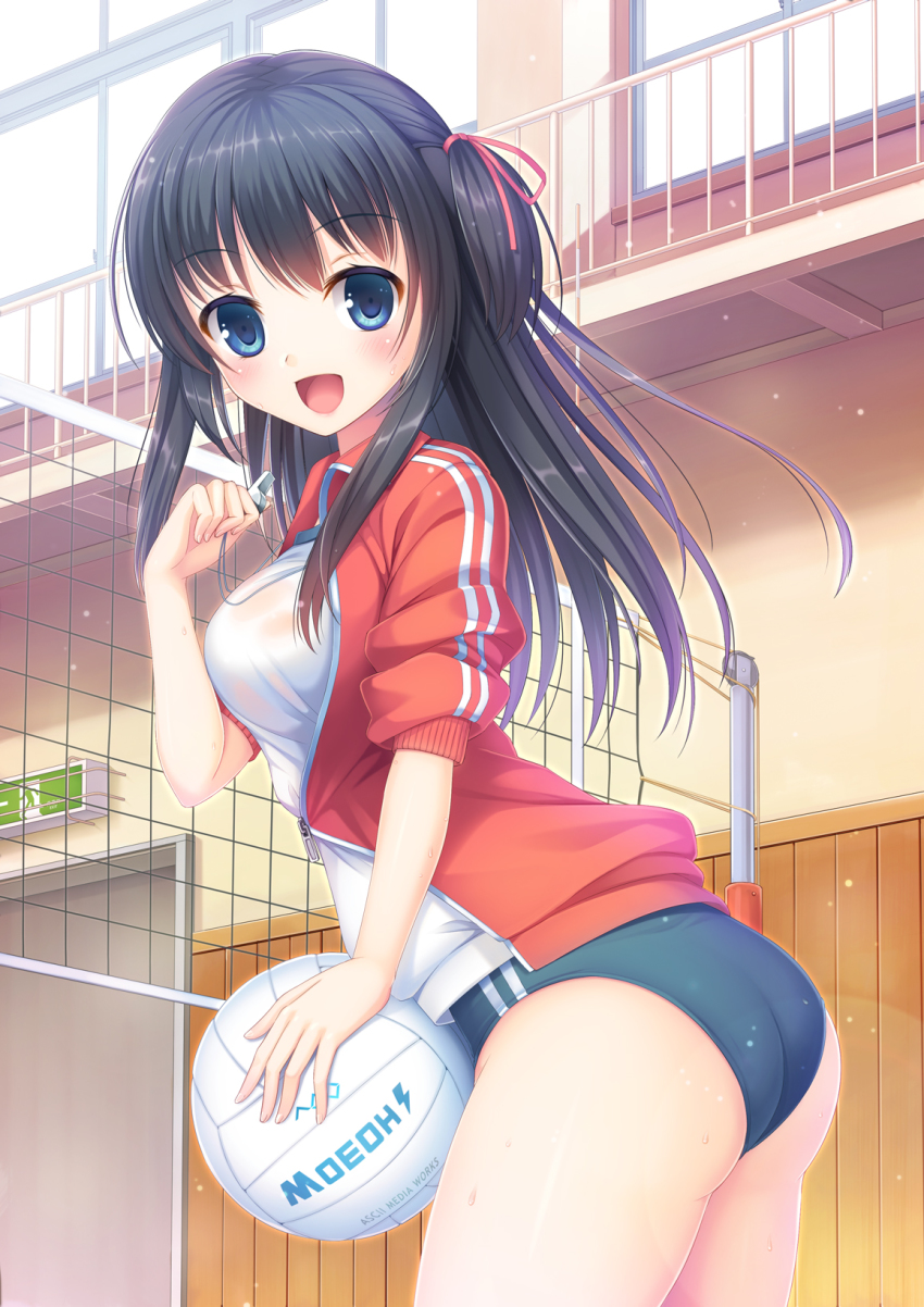 1girl, :d, ass, ball, black_hair, blue_eyes, breasts, buruma