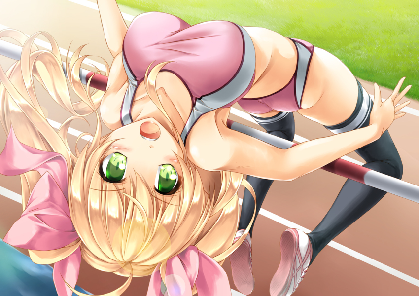 1girl, arched_back, ass, black_thighhighs, blonde_hair, breasts, buruma, female_focus