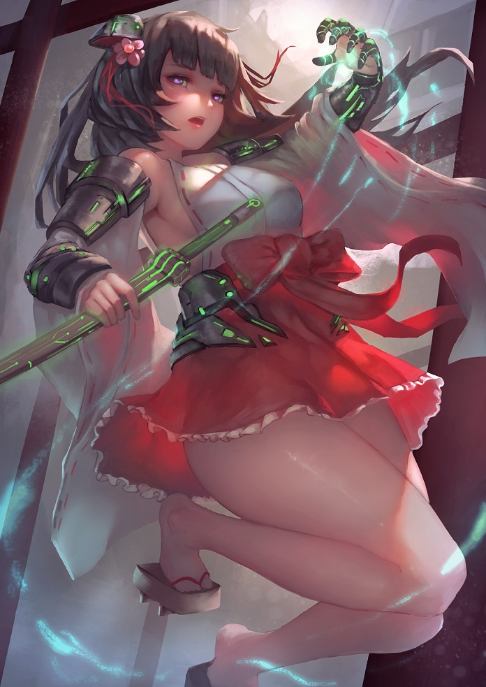 1girl, android, blunt_bangs, breasts, creep_(gundamdg), detached_sleeves, female_focus, flower