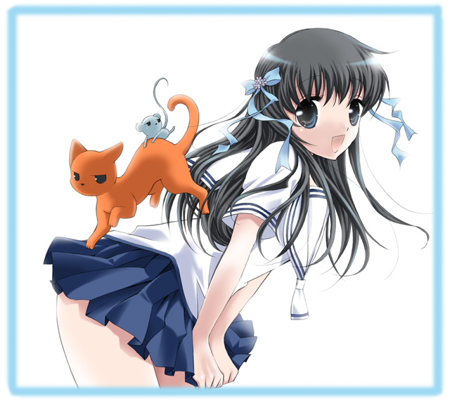 1girl, bent_over, black_hair, border, cat, fruits_basket, hair_ribbon, honda_tooru
