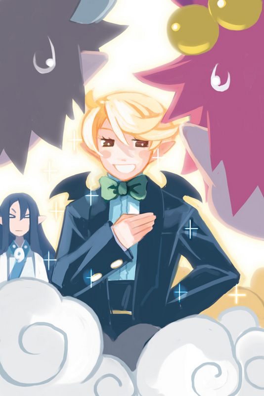 1girl, 3boys, beads, black_suit, black_wings, blonde_hair, bow, bowtie