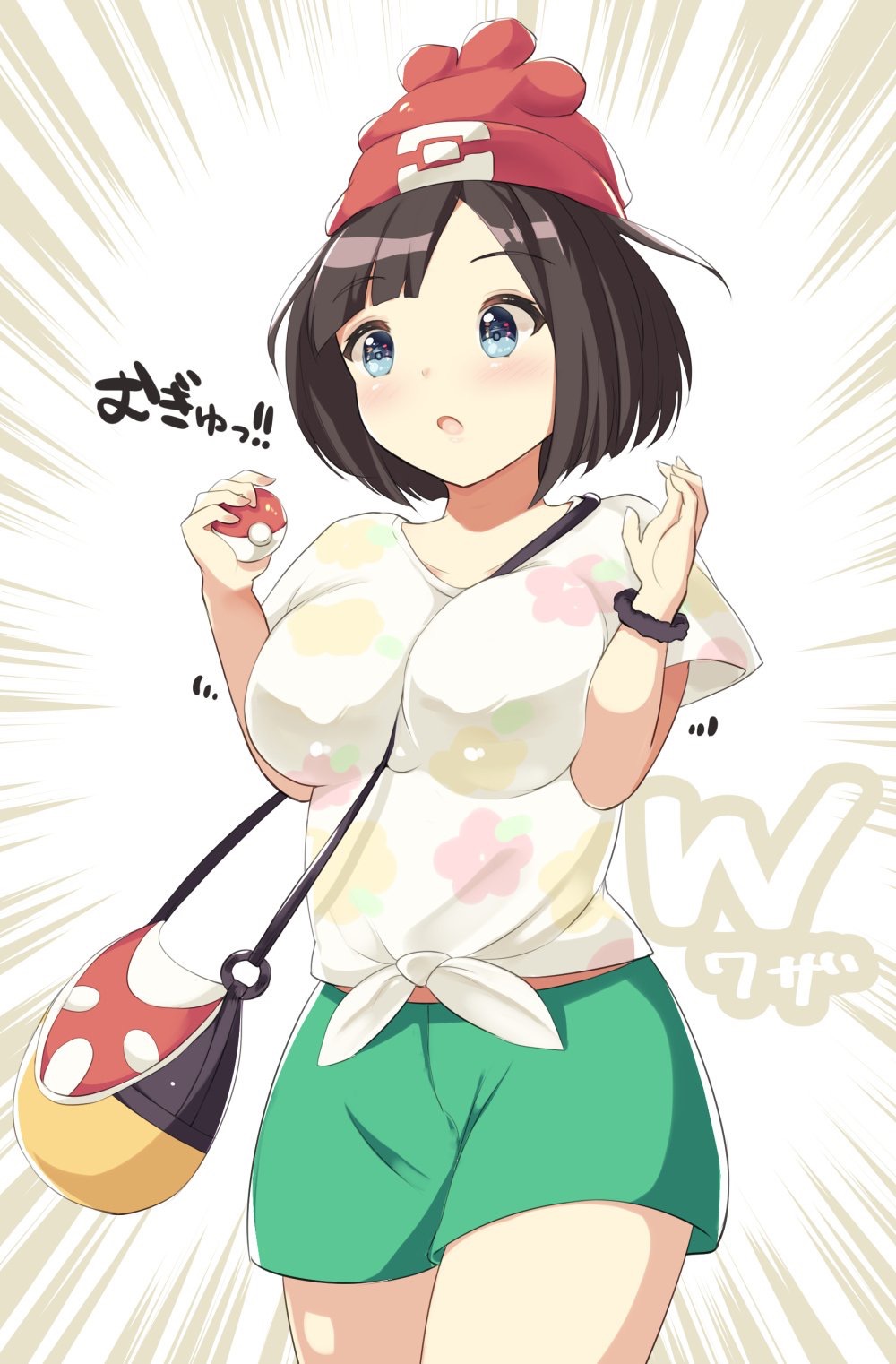 1girl, bad_id, bad_nicoseiga_id, bag, beanie, between_breasts, black_hair, blue_eyes, breasts, commentary_request, cowboy_shot, female_focus, green_shorts, handbag, hat, highres, looking_at_viewer, medium_breasts, nintendo, open_mouth, outdoors, poke_ball, poke_ball_(basic), pokemon, pokemon_sun_and_moon, red_hat, selene_(pokemon), shirt, shishoo_(vanura), short_hair, short_shorts, shorts, solo, strap_between_breasts, swept_bangs, tied_shirt