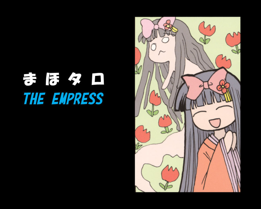 00s, 1girl, ^_^, black_hair, blunt_bangs, bow, card_(medium), closed_eyes