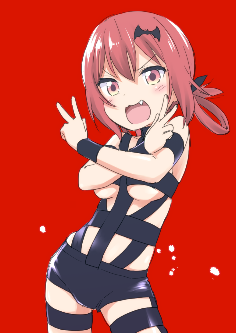 10s, 1girl, :3, :d, bat_hair_ornament, blush, breasts, commentary_request, contrapposto, cowboy_shot, crossed_arms, double_v, fang, female_focus, gabriel_dropout, hair_ornament, hair_rings, hot_limit, kannazuki_genshi, looking_at_viewer, open_mouth, red_background, red_hair, satanichia_kurumizawa_mcdowell, smile, solo, standing, t.m.revolution, underboob, v