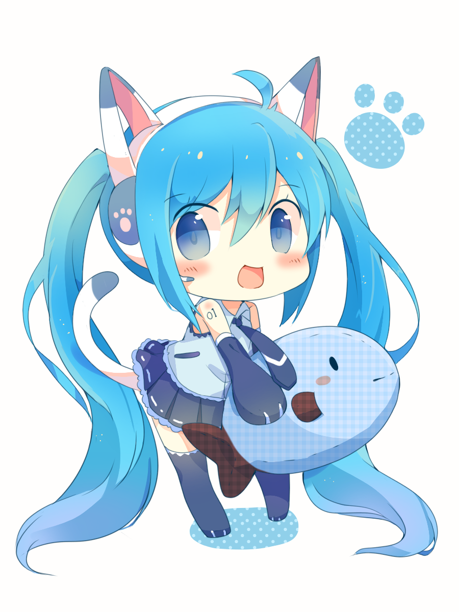 1girl, absurdly_long_hair, animal_ear_headphones, animal_ears, blue_eyes, blue_hair, blush, cat_ear_headphones
