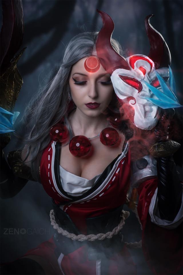 1girl, anissa, ball, bead_necklace, beads, blood_moon_diana, breasts, chain, cleavage, closed_eyes, cosplay, diana_(league_of_legends), elbow_gloves, facial_mark, giorgio_(akakosam), gloves, grey_hair, holding, holding_mask, holding_weapon, japanese_clothes, jewelry, league_of_legends, lipstick, long_hair, makeup, mark, mask, necklace, obi, photo_(medium), rope, sash, smoke, tagme, unworn_mask, weapon