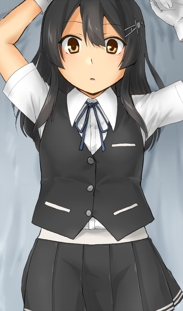 10s, 1girl, arms_up, black_hair, black_skirt, female_focus, gloves, hair_ornament