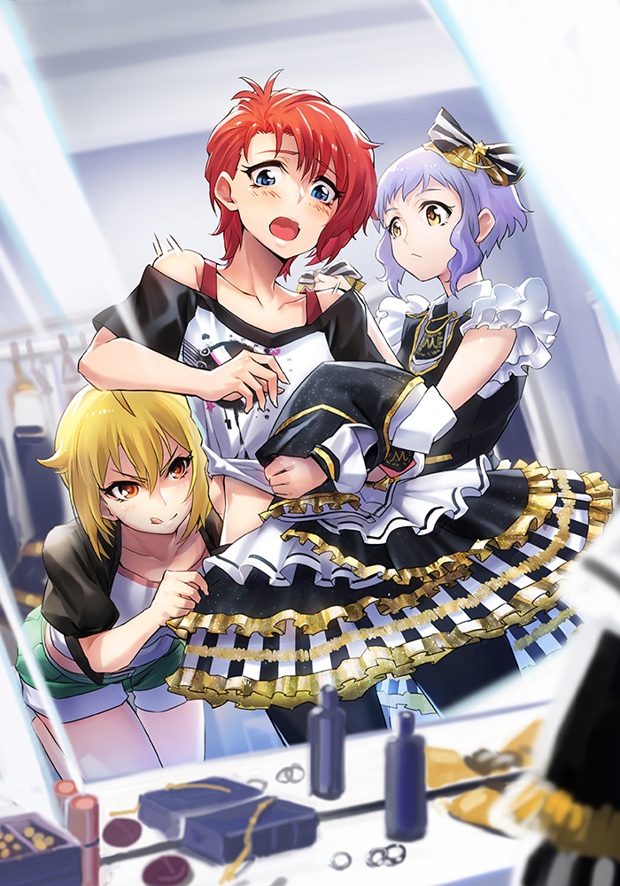 10s, 3girls, blue_eyes, blurry, blush, bow, brown_hair, depth_of_field, dress, dressing_room, hair_bow, holding, holding_unworn_clothes, ibuki_tsubasa, idolmaster, idolmaster_million_live!, julia_(idolmaster), makabe_mizuki, makeup, mirror, multiple_girls, open_mouth, parfait_noir_(idolmaster), pink_eyes, purple_hair, red_hair, reflection, short_hair, smile, todee, yellow_eyes