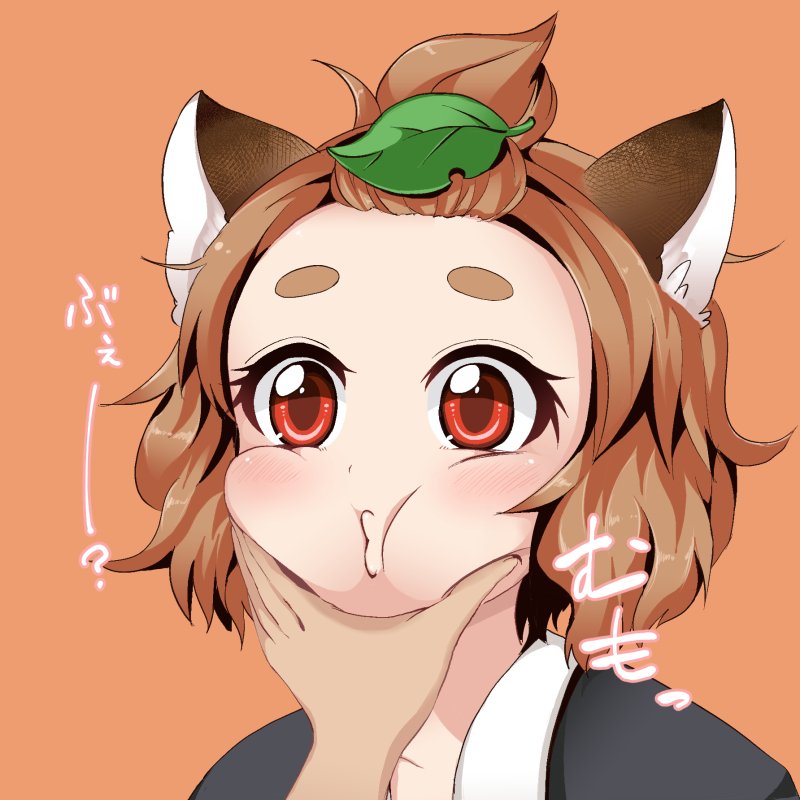 1girl, animal_ears, brown_hair, cheek_squash, extra, genshi_shin'ichi, leaf, leaf_on_head