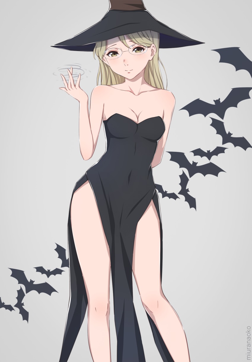 10s, 1girl, bare_shoulders, bat_(animal), blonde_hair, breasts, cleavage, collarbone, contrapposto, dress, female_focus, glasses, grey_background, halloween, hat, highres, kawai_miki, koe_no_katachi, long_hair, looking_at_viewer, medium_breasts, miura-n315, side_slit, smile, solo, strapless, strapless_dress, thighs, twitter_username, witch, witch_hat, yellow_eyes