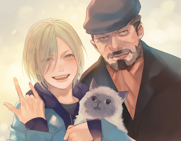 10s, 2boys, \m/, bad_id, bad_pixiv_id, beard, blonde_hair, cat