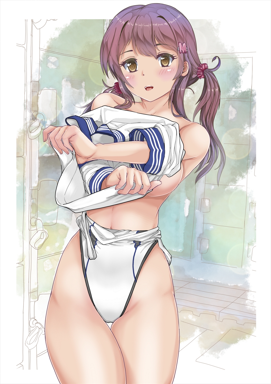 1girl, breasts, brown_eyes, clothes_pull, competition_swimsuit, cowboy_shot, female_focus, hair_between_eyes