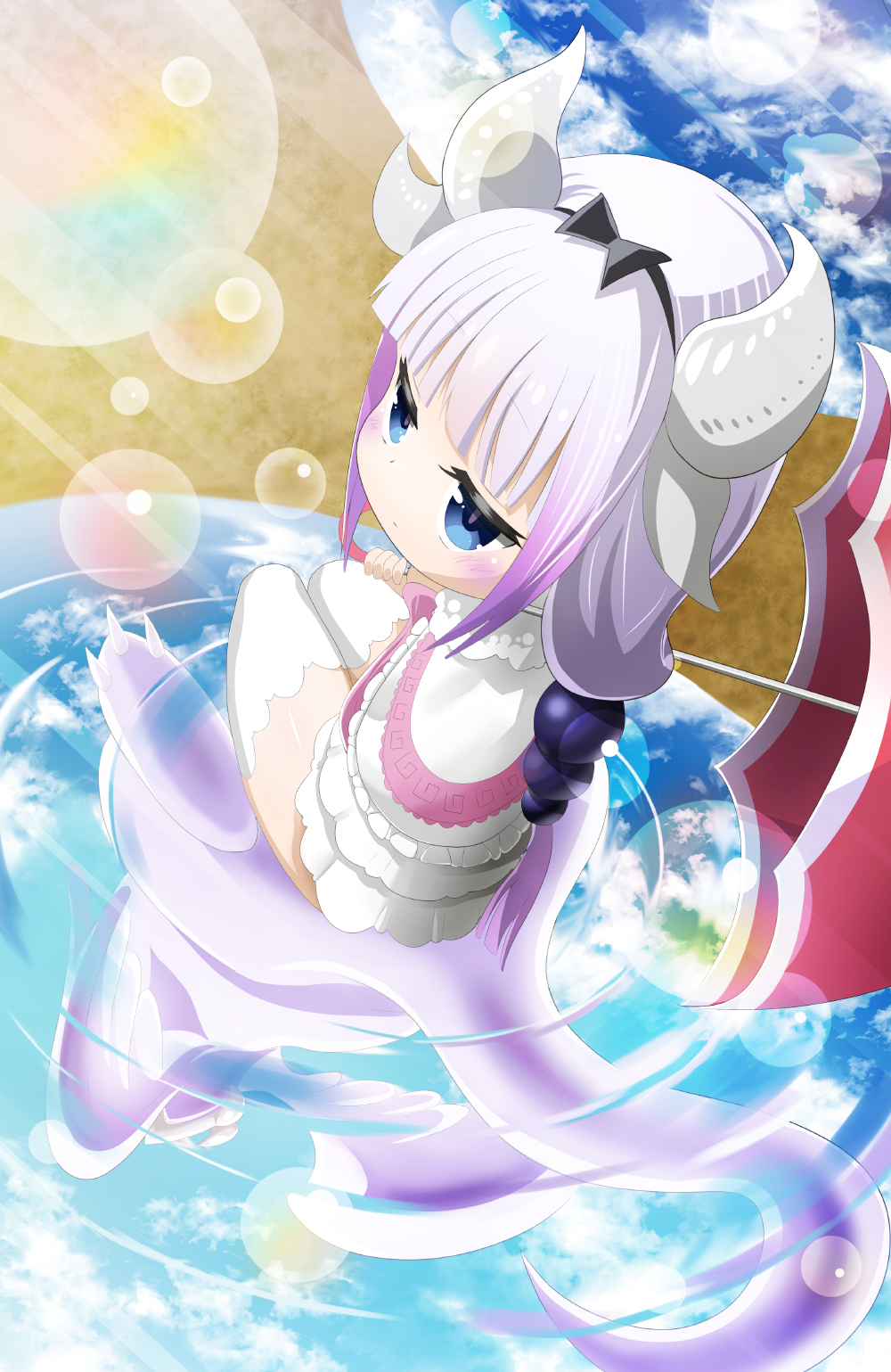 10s, 1girl, beads, black_bow, black_hairband, blouse, blue_eyes, blue_sky