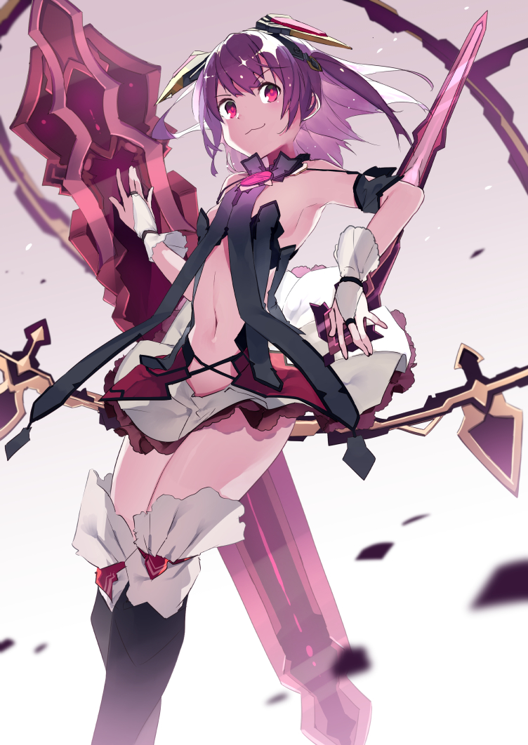 1girl, boots, breasts, floating_sword, floating_weapon, gloves, gradient_background, hand_on_sword